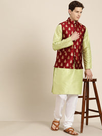 SOJANYA Lelaki Lime Green & Beige Striped Thread Work Straight Kurta Churidar Nehru Jaket