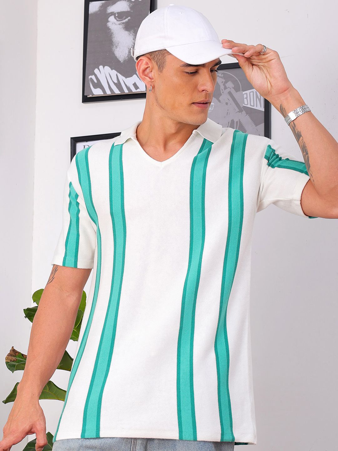 The Indian Garage Co Men Relaxed Fit Striped Flat Knit Polo Resortwear Shirt