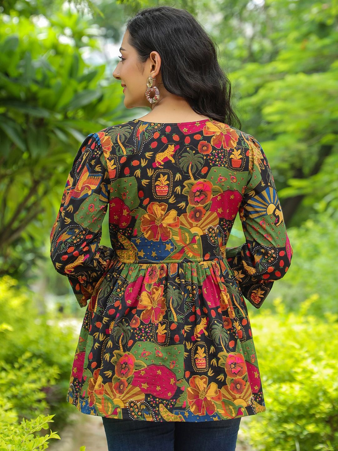 Rain & Rainbow Floral Printed Bell Sleeve Cotton Empire Top
