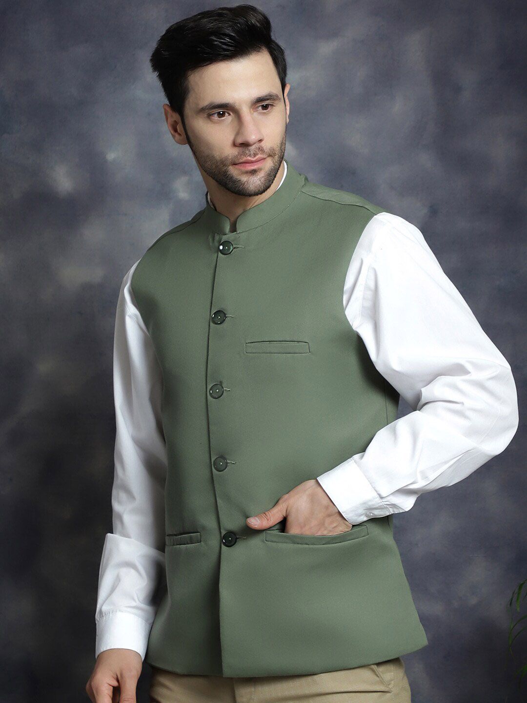 Anouk Green Mandarin Collar Woven Nehru Jacket