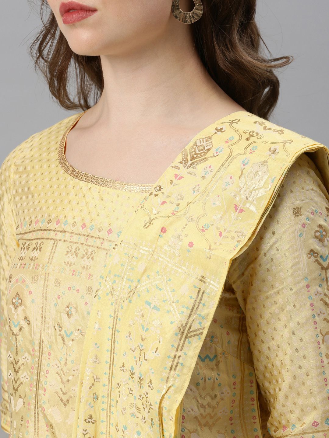W Women Yellow & Pink Printed Top with Palazzos & Dupatta