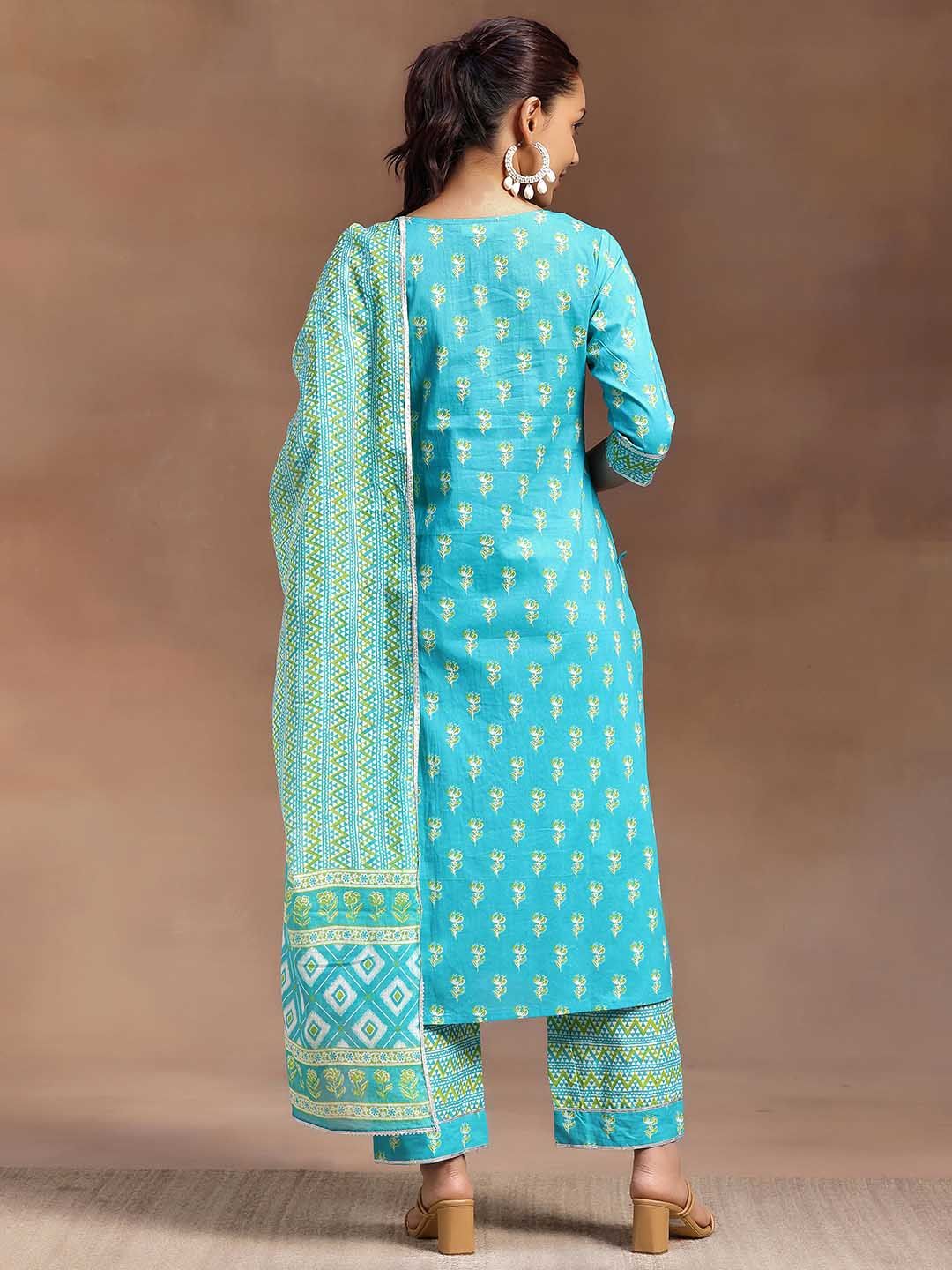 Libas Women Blue Floral Printed Regular Gotta Patti Pure Cotton Kurta with Trousers & With Dupatta