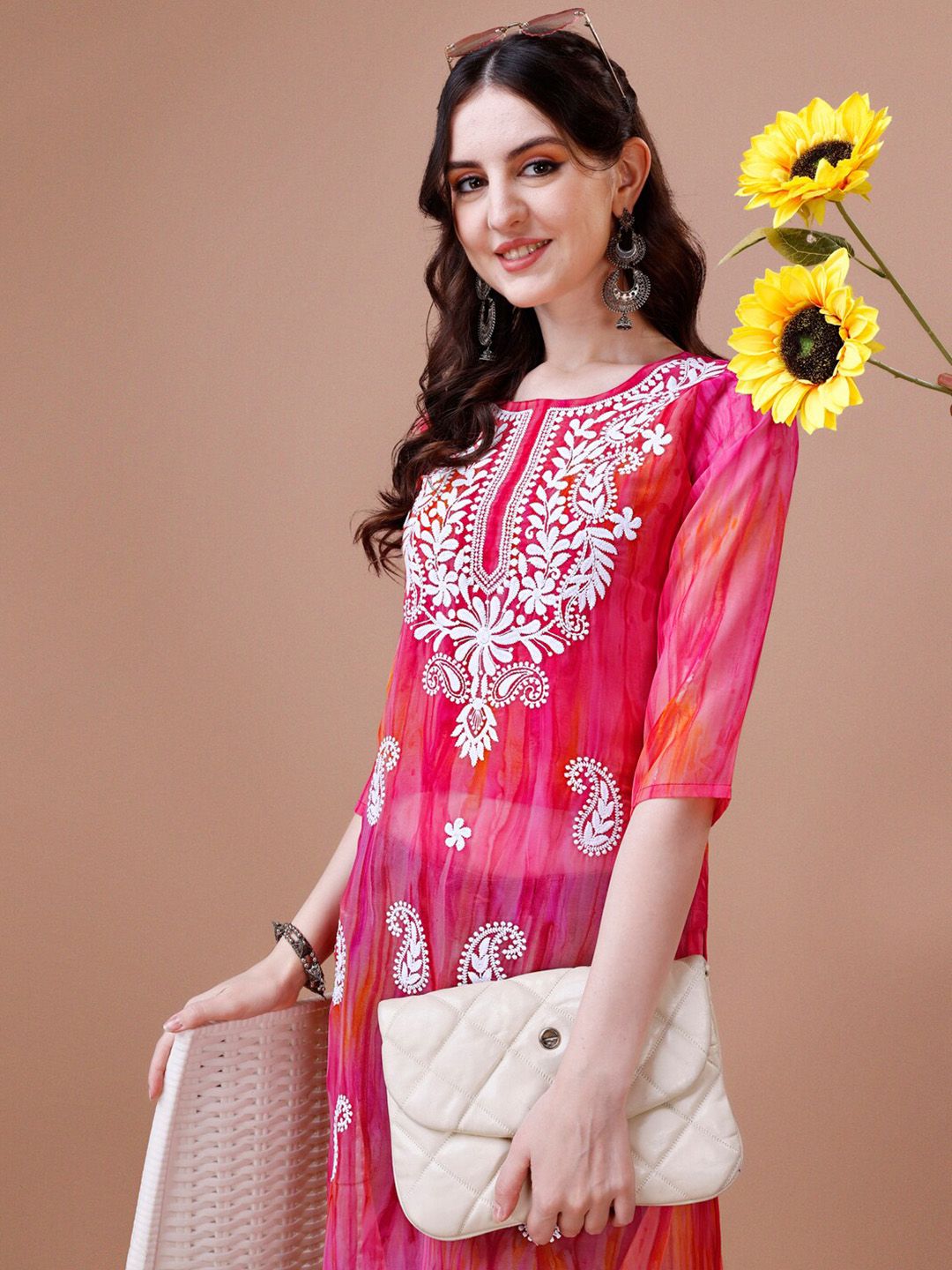 KALINI Pailey Embroidered Chikankari Shadow Work Georgette Straight Kurta