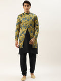 SOJANYA Men Black Solid Kurta Set With Printed Jacket