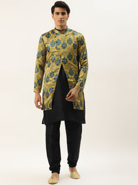 SOJANYA Men Black Solid Kurta Set With Printed Jacket