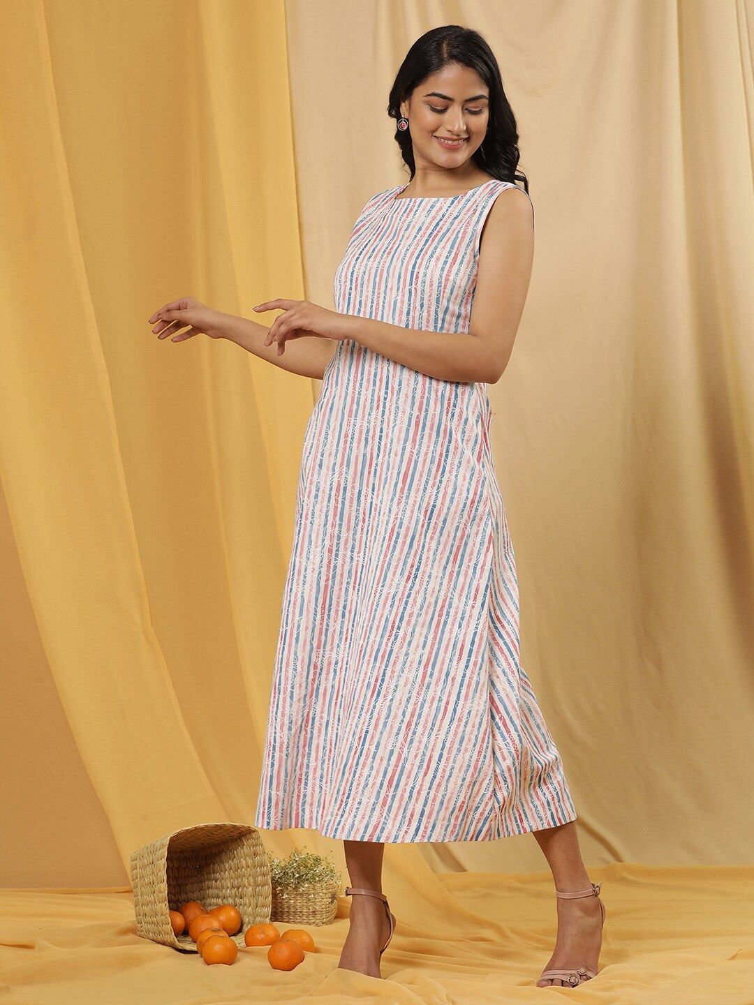W Striped Boat Neck A-Line Dress