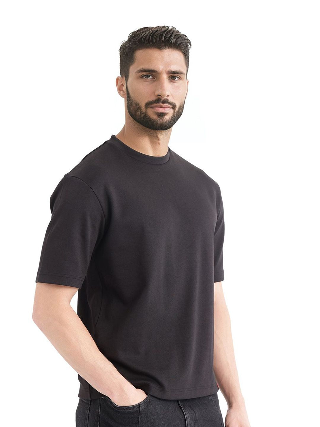 RARE RABBIT Men Solid Round Neck Cotton Oversized T-shirt