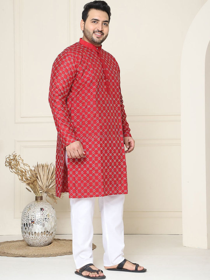 SOJANYA PLUS Kurta Lurus Kolar Mandarin Bersulam Geomtrik dengan Piyama