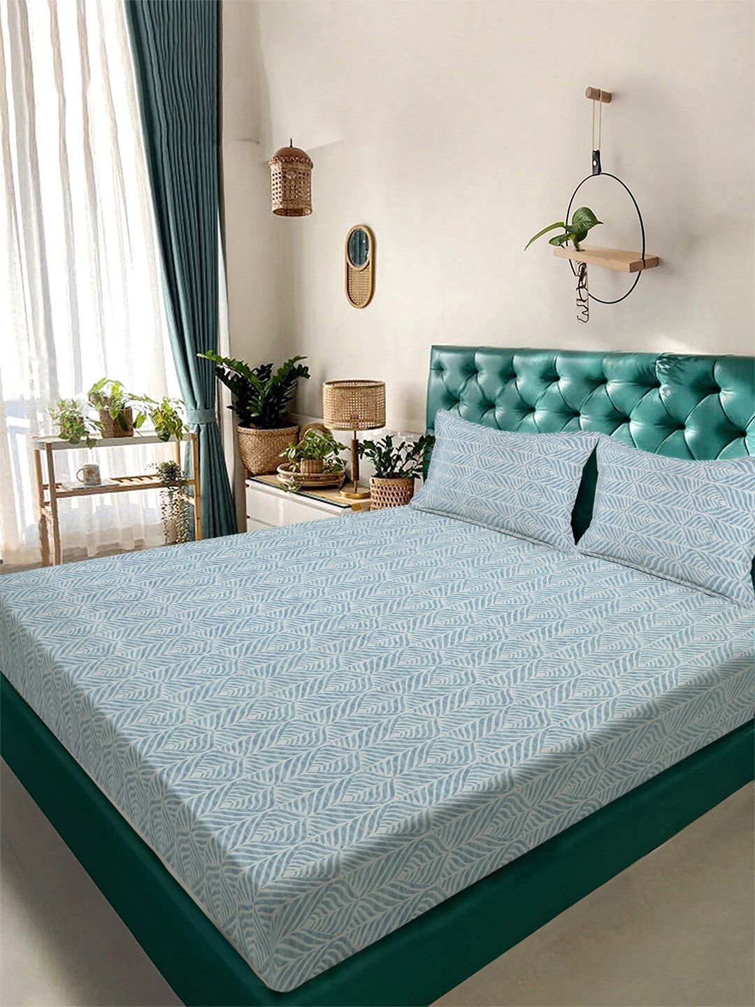 Myntra Elegant Homes Green & Blue Floral 300 TC King Bedsheet with 2 Pillow Covers