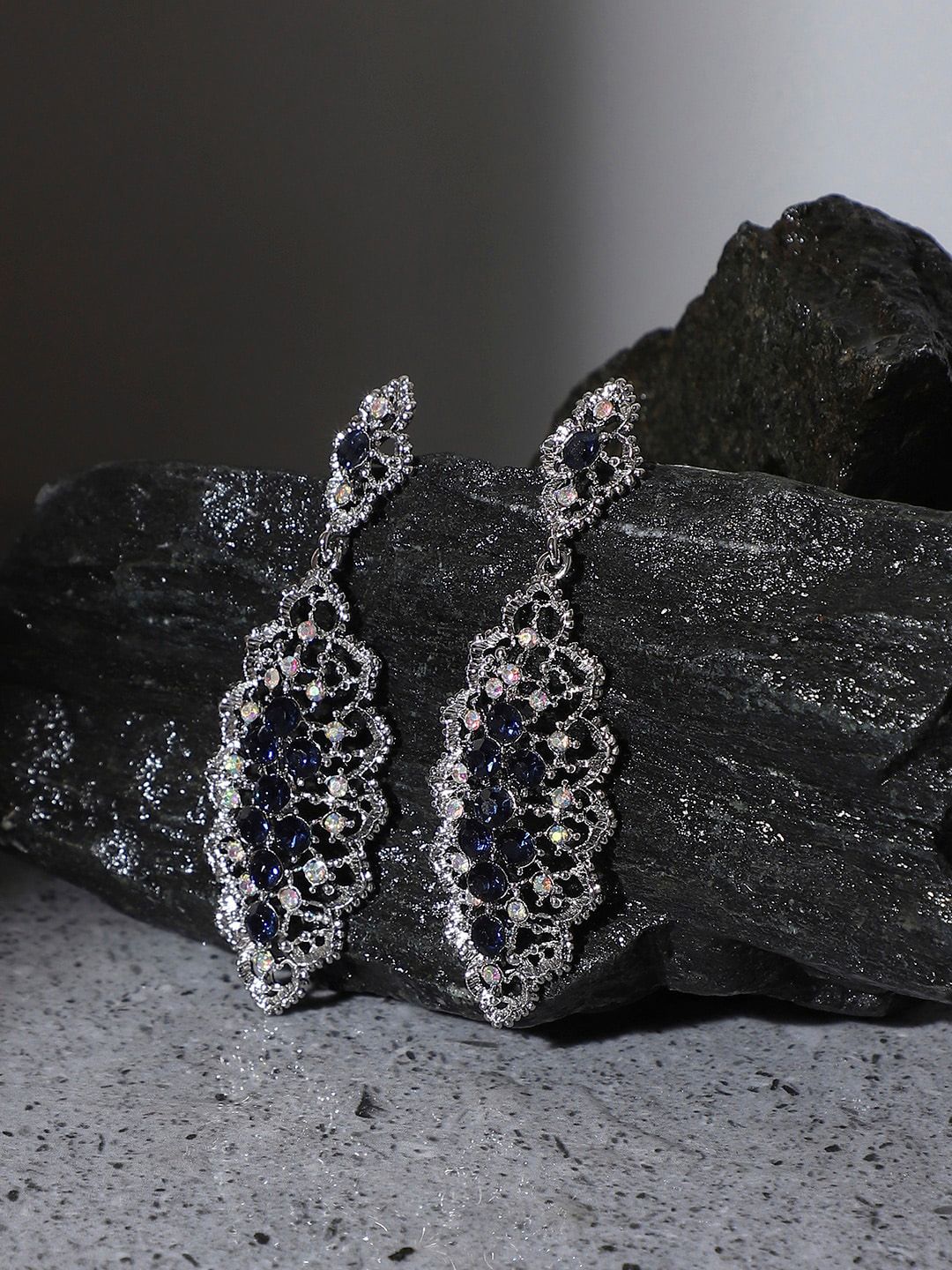 SOHI Silver-Plated Oxidised Drop Earrings