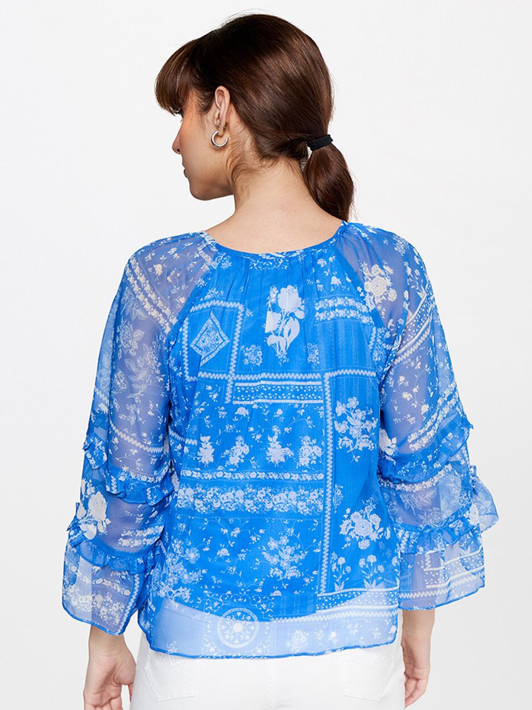 AND Floral Printed Tie-Up Neck Flared Sleeves Top