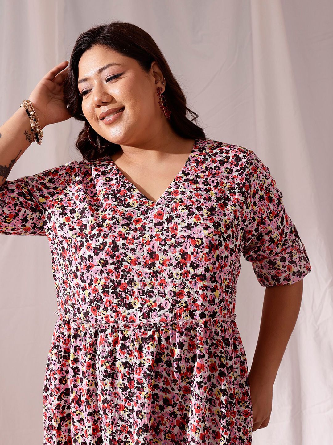 CURVY STREET Plus Size Animal Print V-Neck Long Sleeves Fit & Flare Dress