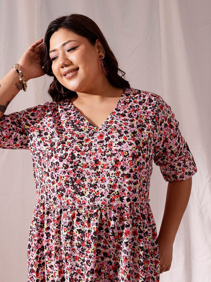 CURVY STREET Plus Size Animal Print V-Neck Long Sleeves Fit & Flare Dress