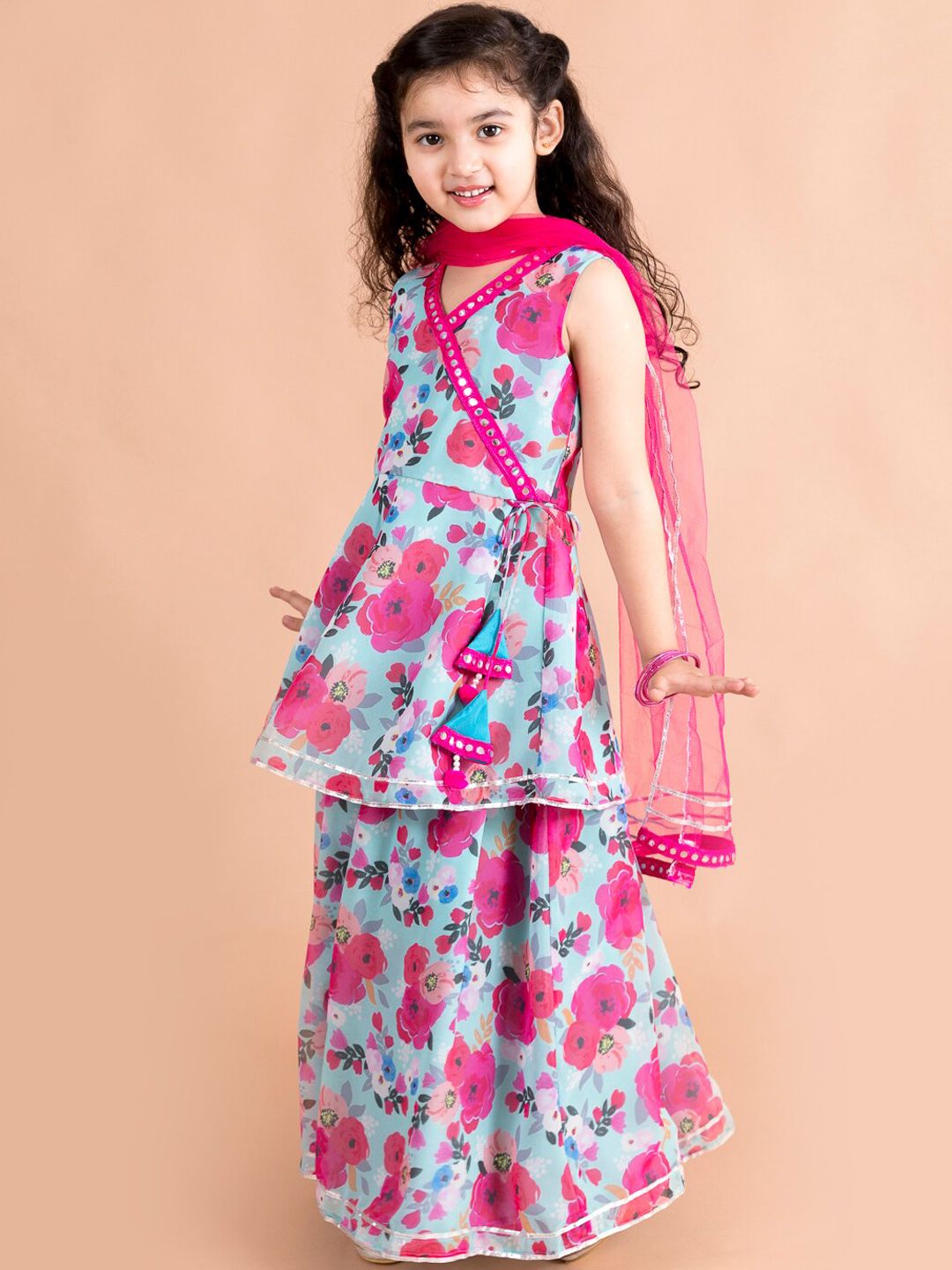pspeaches Girls Angrakha Gotta Patti Pure Cotton Kurti with Palazzos & With Dupatta