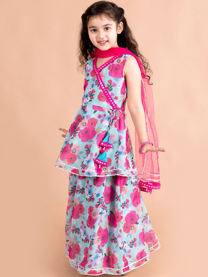 pspeaches Girls Angrakha Gotta Patti Pure Cotton Kurti with Palazzos & With Dupatta