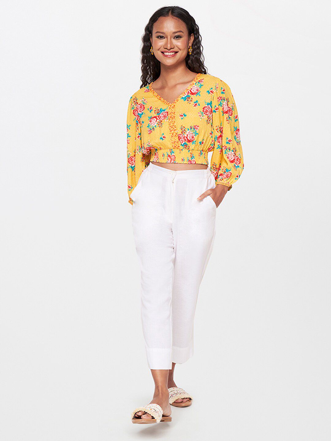 Global Desi Floral Printed Puff Sleeves Crop Blouson Top