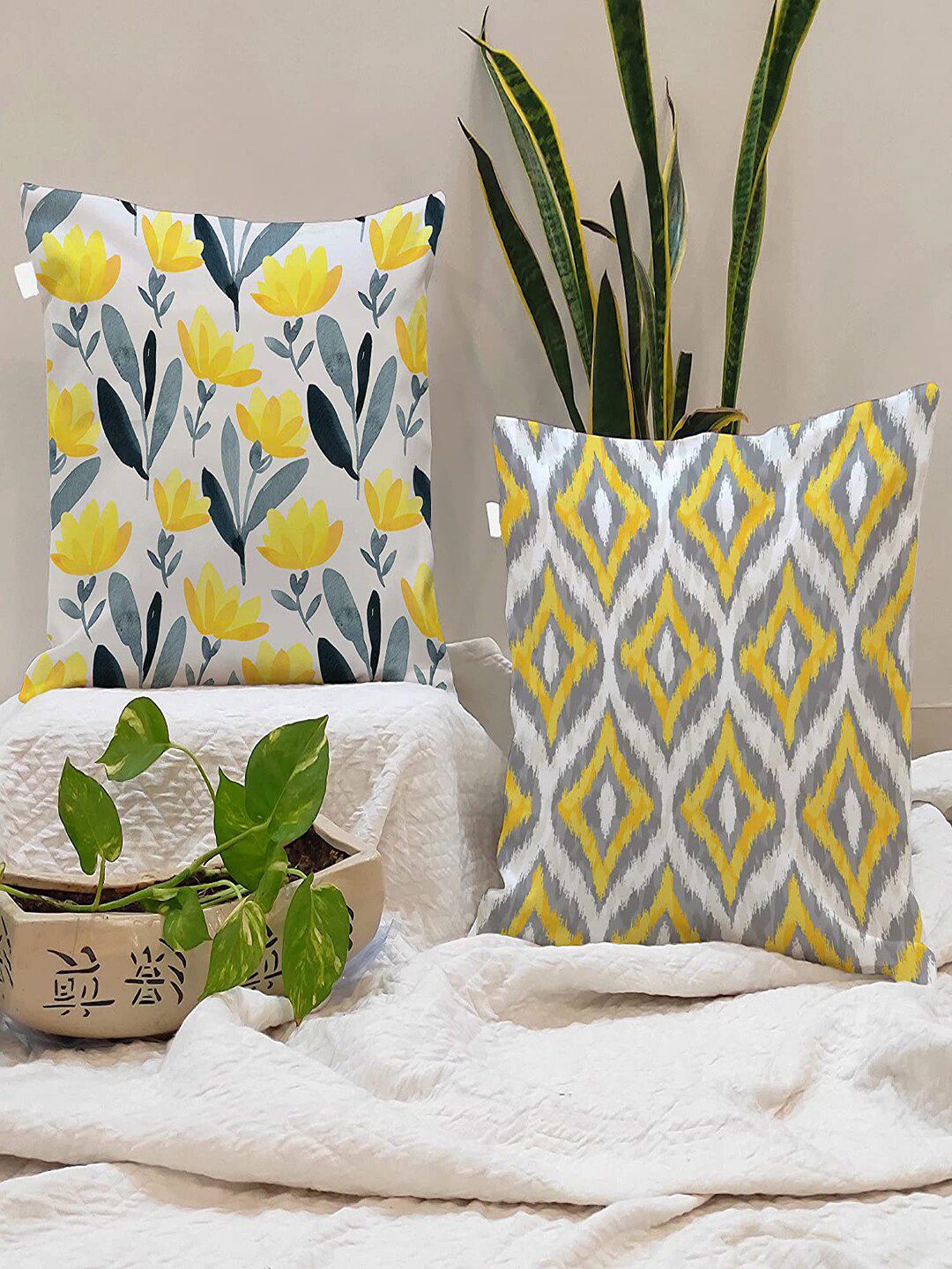 STITCHNEST Yellow & White Set of 2 Floral Printed Square Cushion Covers