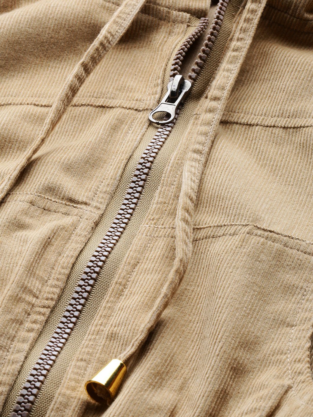 SASSAFRAS Women Beige Solid Corduroy Cropped Bomber Jacket