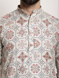 Sojanya Lelaki Beige Printed Cotton Linen Kurta dengan Churidar