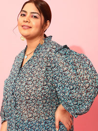 CURVY STREET Plus Size Floral Printed Puff Sleeves Satin Top