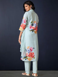 Indo Era Floral Printed Regular Linen Straight Kurta With Trousers & Dupatta