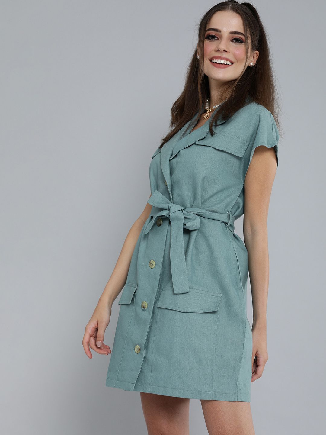 SASSAFRAS Sea Green Extended Sleeved Shirt Dress With Waist Tie-Up Detail