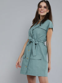 SASSAFRAS Sea Green Extended Sleeved Shirt Dress With Waist Tie-Up Detail