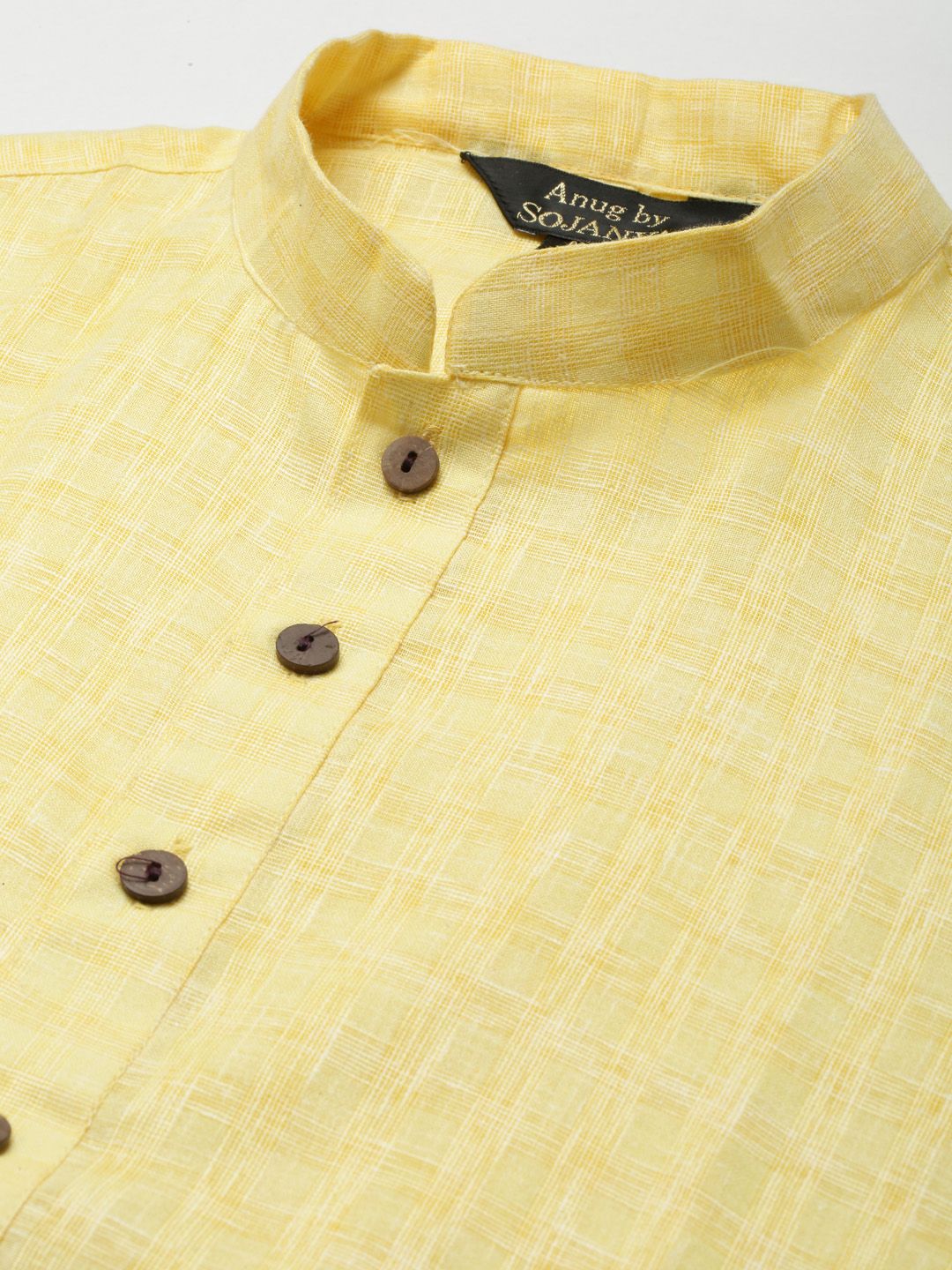 Anug oleh SOJANYA Lelaki Yellow Checked Dobby Mandarin Collar Kurta
