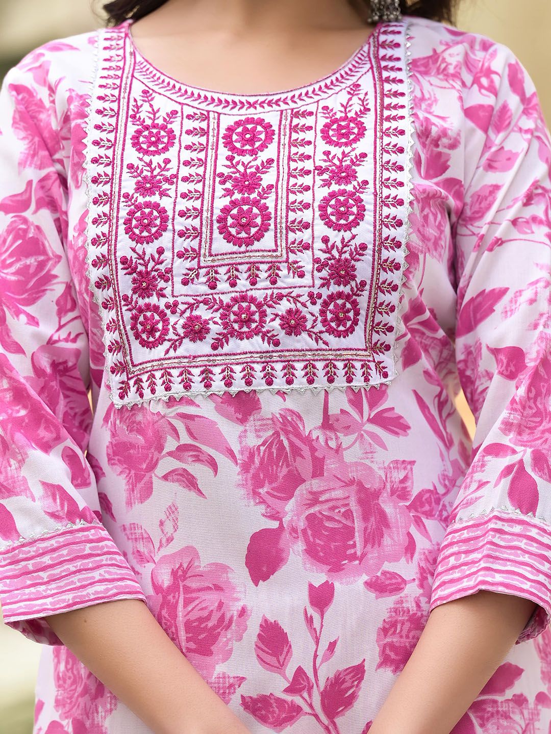 KALINI Floral Printed Regular Thread Work Kurta With Trousers & Dupatta