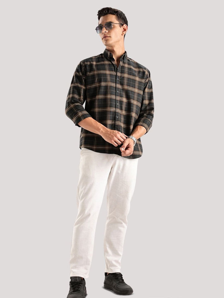 ADRO Tartan Checked Spread Collar Baju Kasual Kapas Lengan Panjang