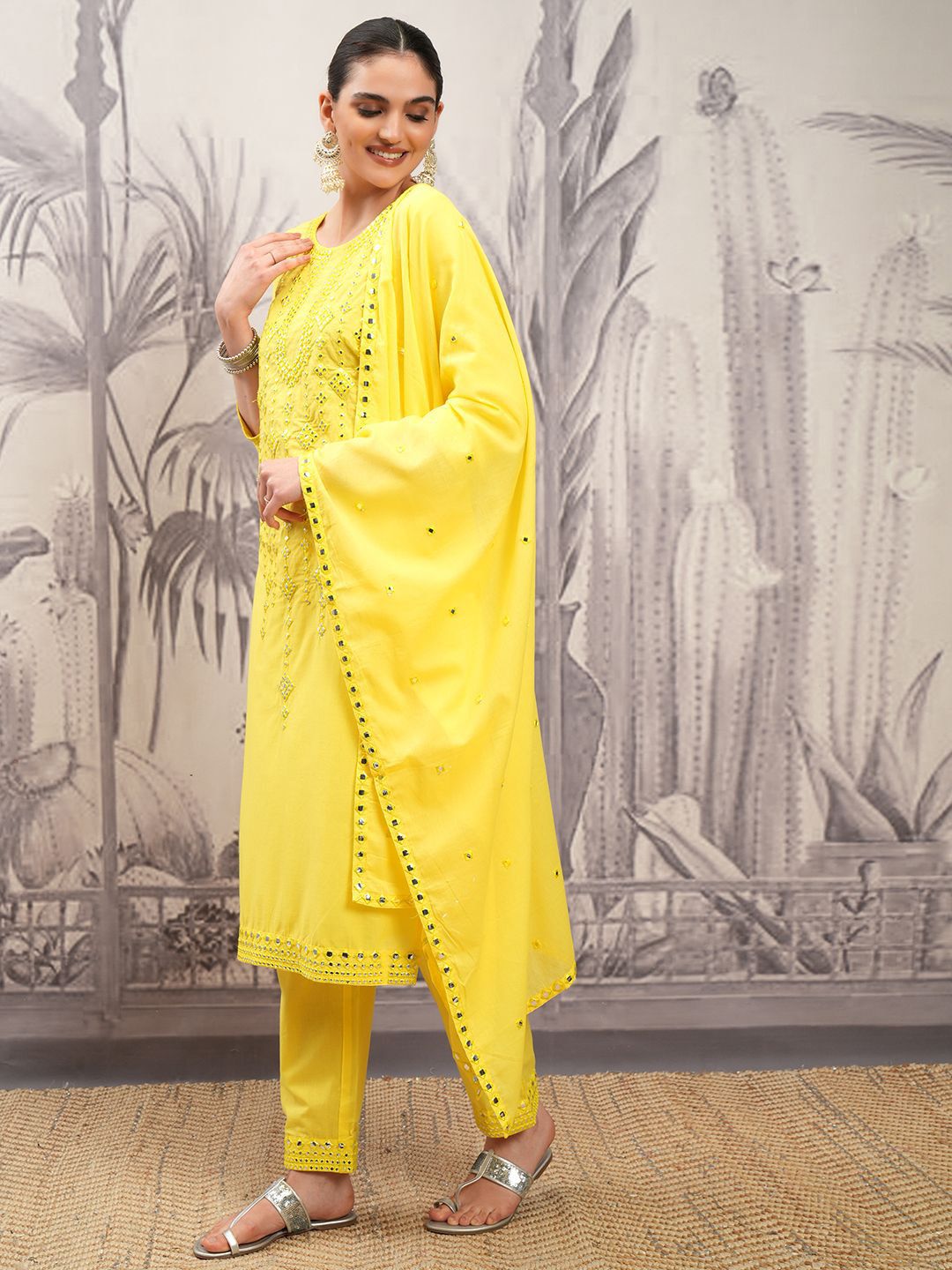 Vishudh Yellow Round Neck Ethnic Motifs Embroidered Pure Cotton Straight Kurta Set