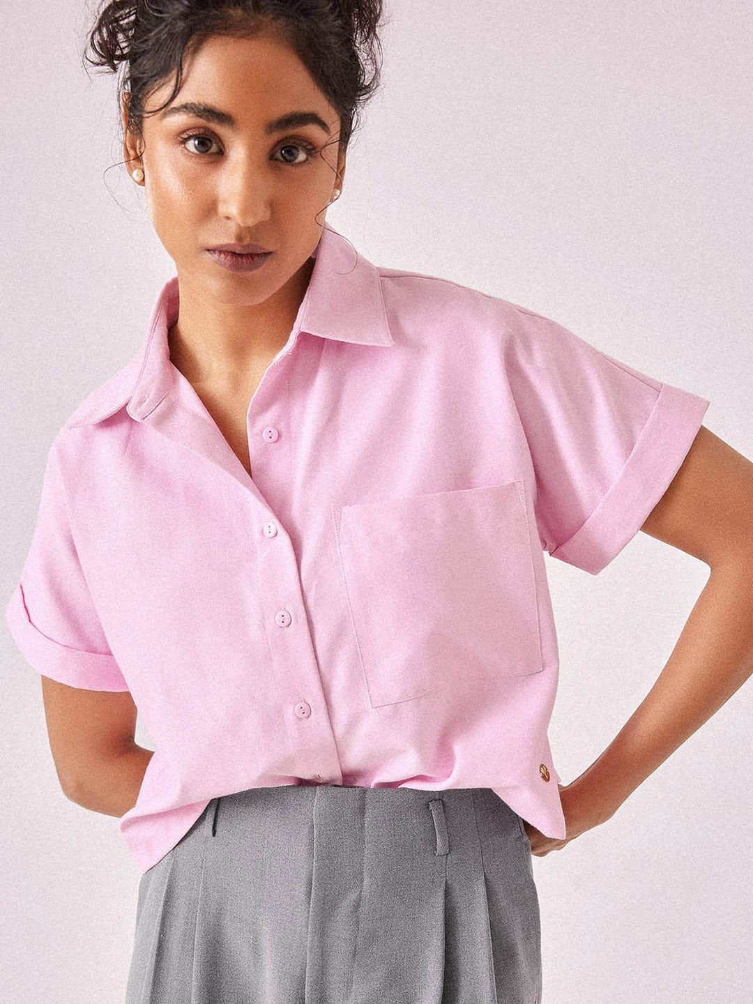 The Label Life Spread Collar Boxy Casual Cotton Shirt