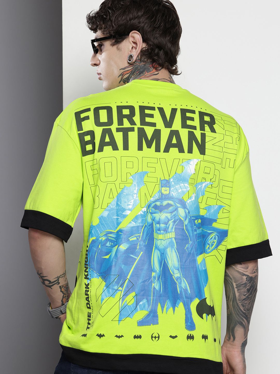 The Indian Garage Co Pure Cotton Batman Printed Drop-Shoulder Sleeves Oversized T-shirt