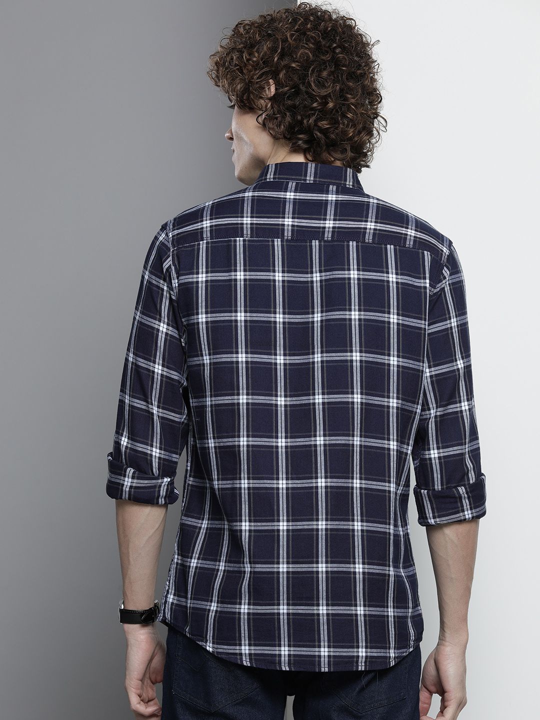The Indian Garage Co Men Navy Blue Checked Casual Shirt