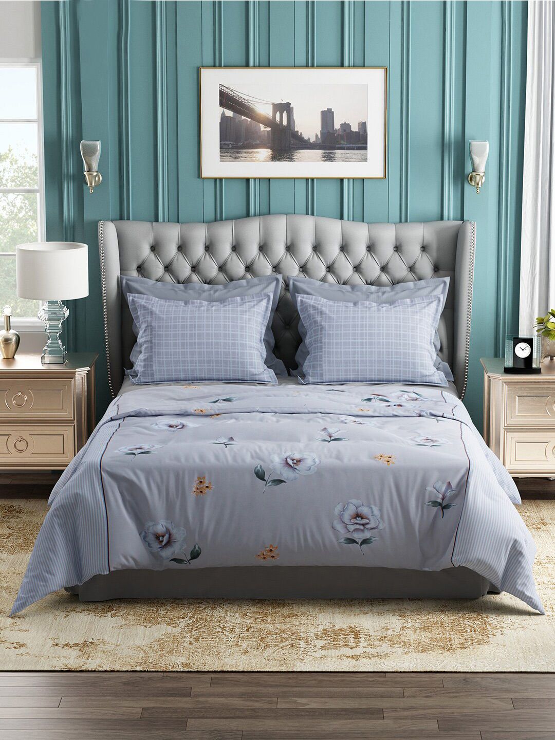 Story@home Grey & Cream-Coloured Floral 144 TC Cotton Queen Bedsheet with 2 Pillow Covers