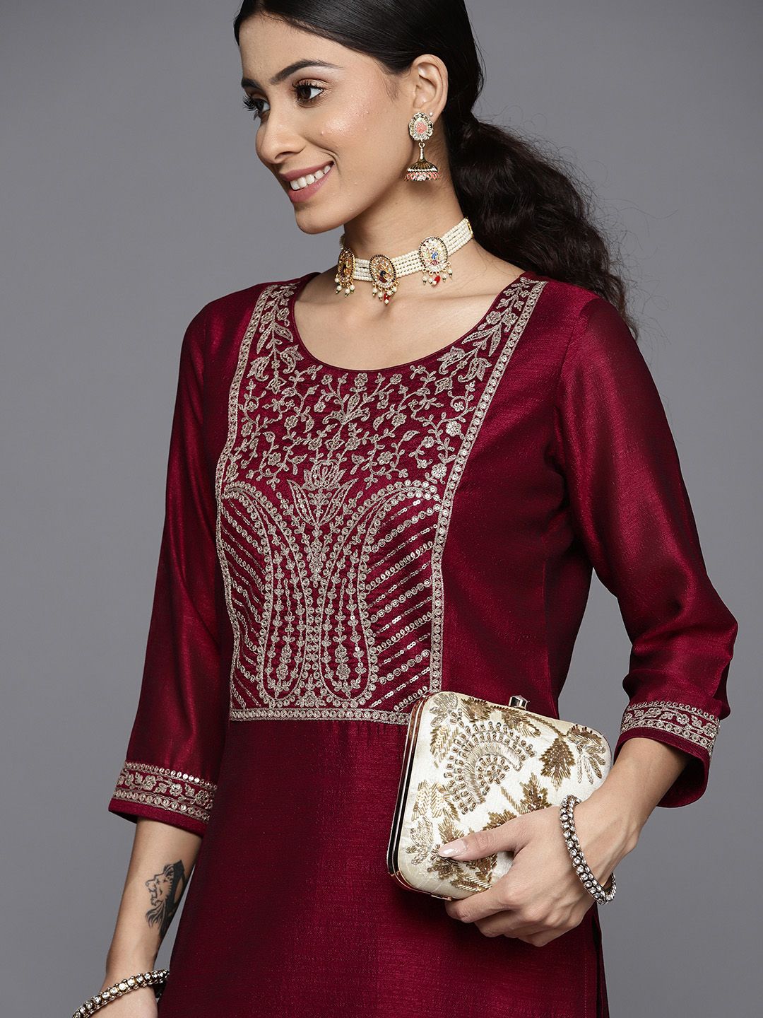 Libas Women Maroon Yoke Design Kurta