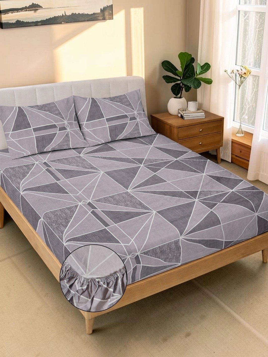 Moda Rapido X KLOTTHE Ungu & Kelabu Geometrik 300 TC Cadar King dengan 2 Sarung Bantal