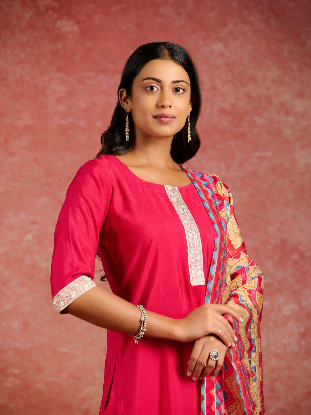 Libas Ethnic Motifs Yoke Design Straight Kurta & Trousers With Dupatta