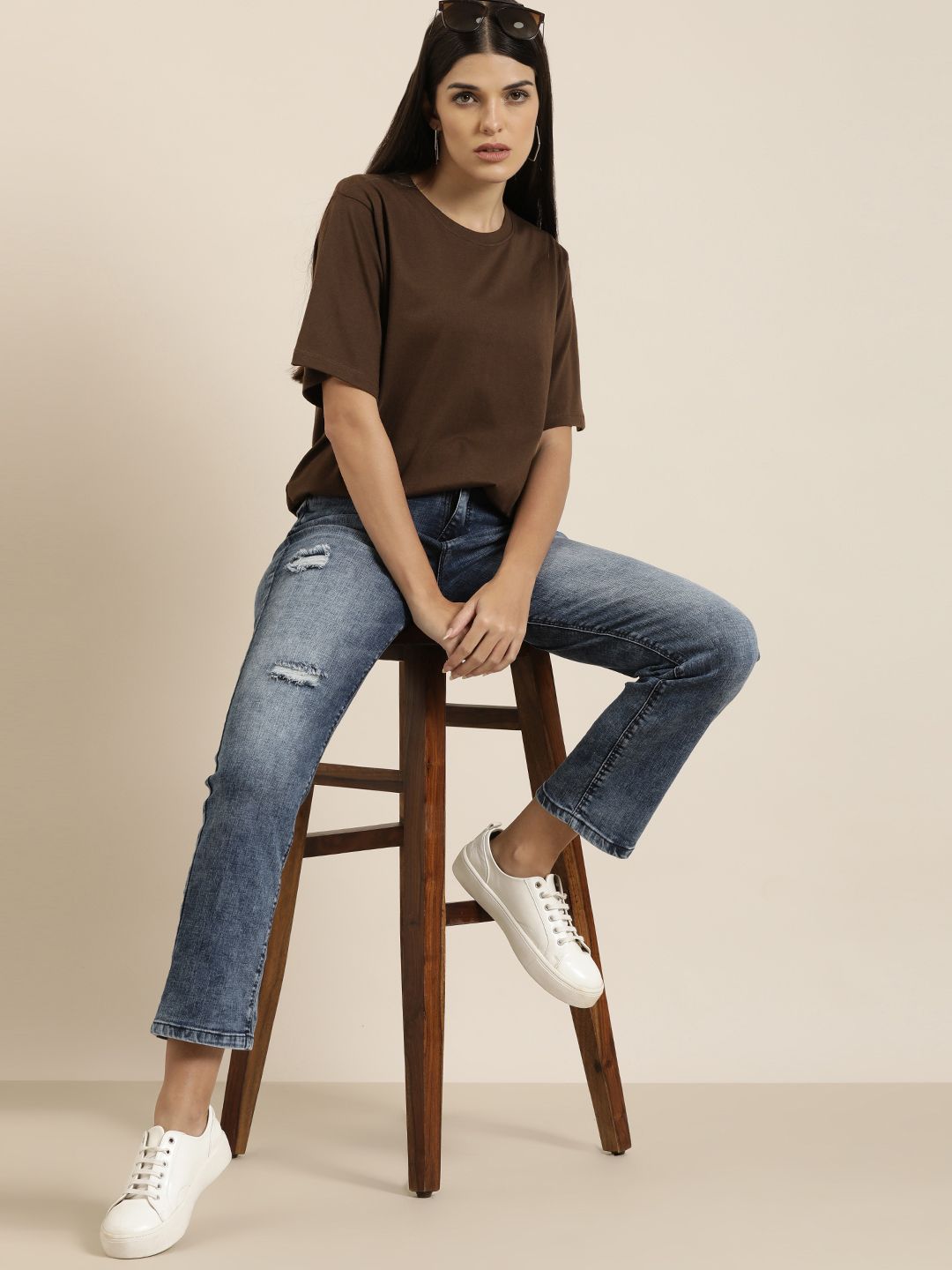DILLINGER Women Brown Solid Pure Cotton Oversized T-shirt