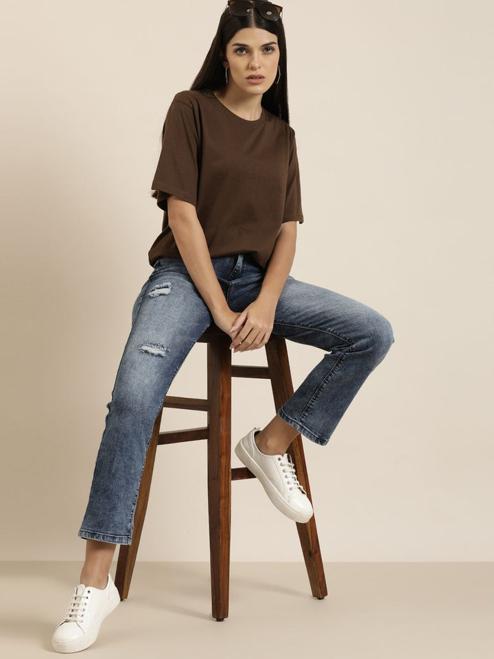 DILLINGER Women Brown Solid Pure Cotton Oversized T-shirt