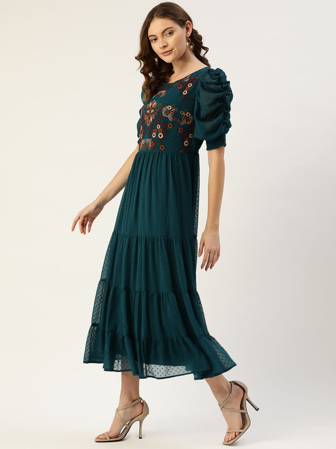 Antheaa Teal Green & Brown Floral Dobby Woven Embellished Maxi Tiered Dress