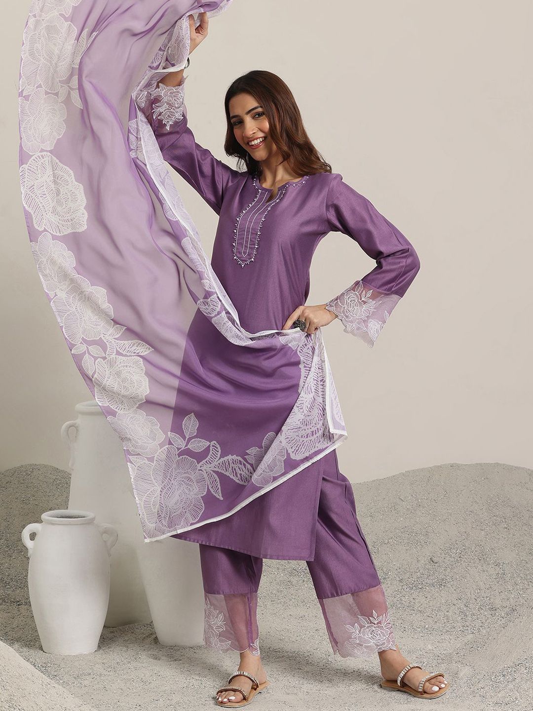 Libas Women Ethnic Motifs Yoke Design Regular Beads and Stones Kurta with Trousers & With Dupatta