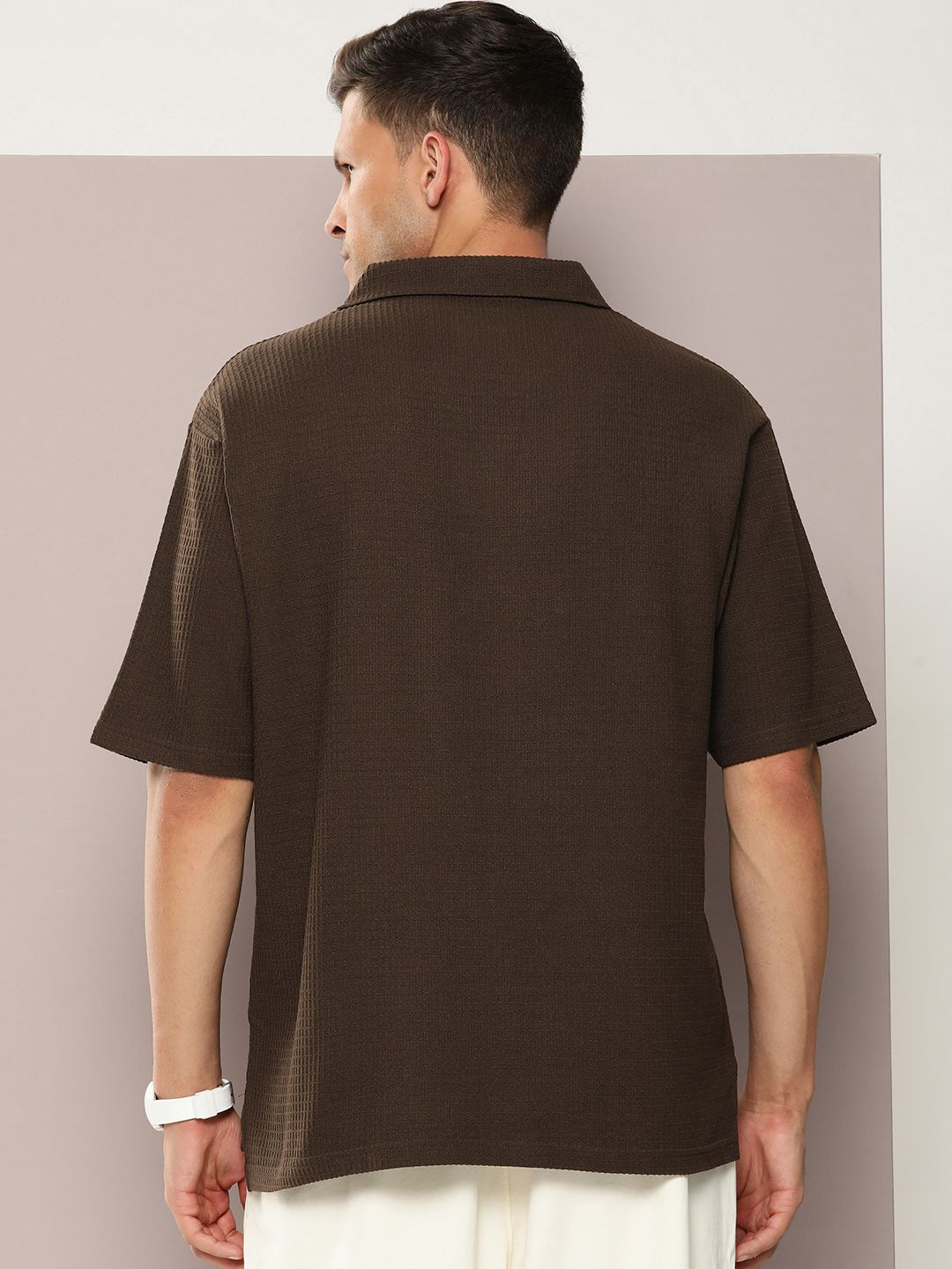 DILLINGER Men Waffle Structure Self Design Oversized Polo Collar T-shirt