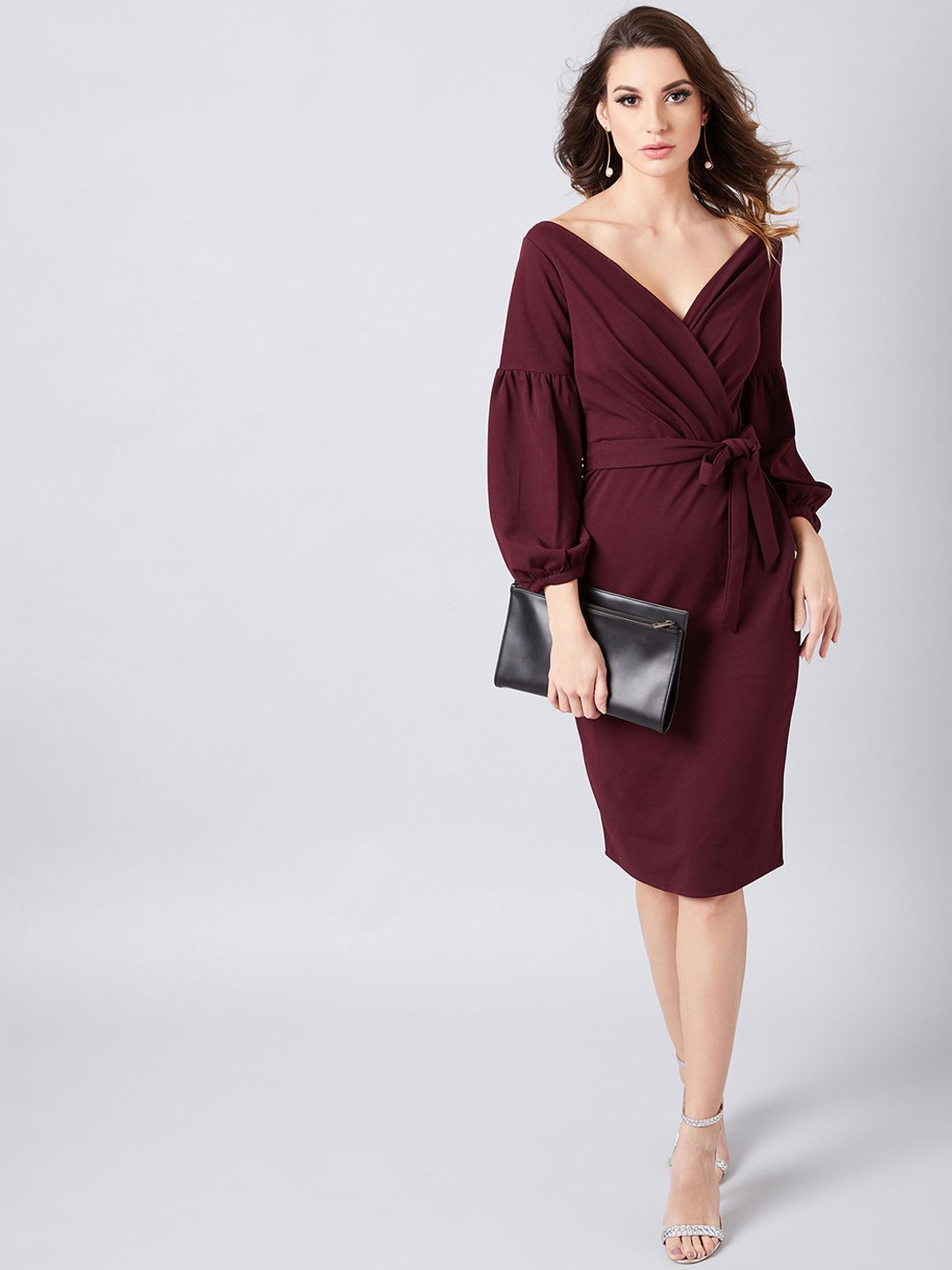 Athena Dramatic Entrance Lantern Sleeve Wrap Dress in Plum