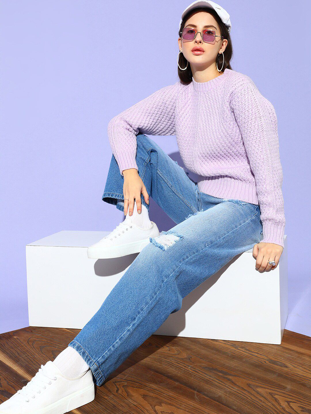 STREET 9 Women Lavender Ribbed Round Neck Long Sleeves Pullover