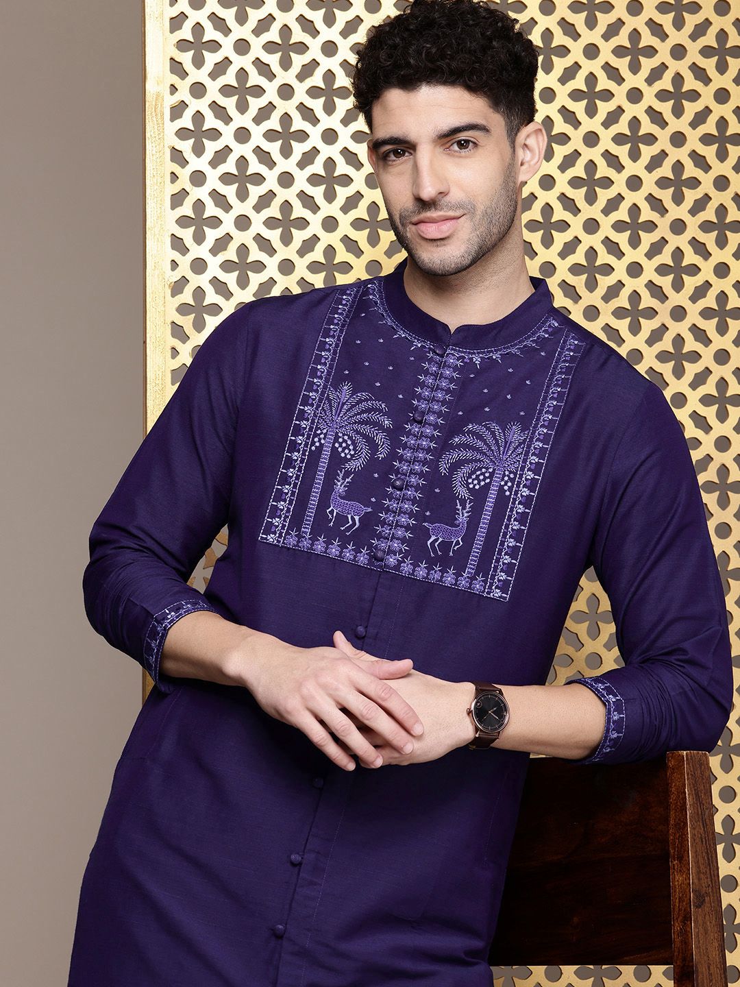 House of Pataudi Men Jashn Ethnic Motifs Yoke Design Thread Work Kurta With Salwar