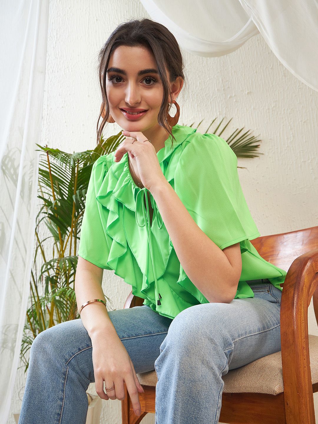 SASSAFRAS Green Keyhole Neck Flared Sleeve Ruffles Georgette Top