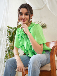 SASSAFRAS Green Keyhole Neck Flared Sleeve Ruffles Georgette Top