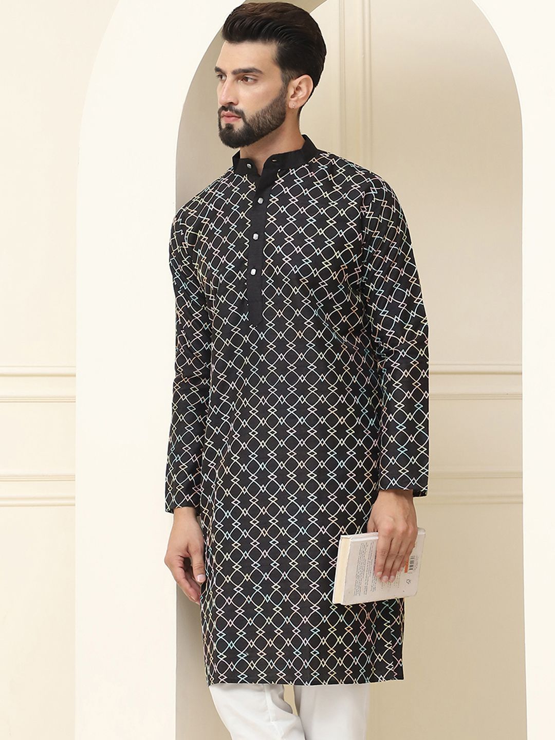SOJANYA Kurta Kolar Mandarin Bercetak Geometrik Lelaki