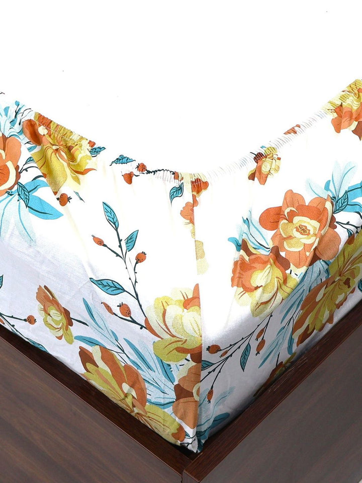 BOMBAY DYEING Allure Brown Floral Cotton 144 TC Fitted Bedsheet Set-1.52 m X1.98mX 30cm
